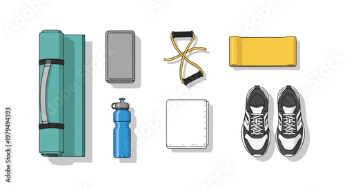 Fitness equipment collection with yoga mat and running shoes, workout gear set for home gym training, flat vector icons of resistance bands and sports water bottle on white