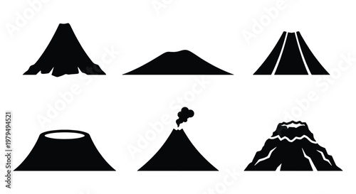 Volcano icon set with 6 black silhouettes, mountain peak and volcanic eruption symbols, minimalist nature landscape vector elements