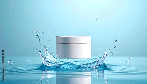 Cosmetic cream jar in water splash, skincare product concept.