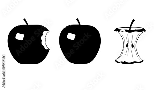 Red apple set with whole bitten and core fruit fresh healthy food vector isolated on white background