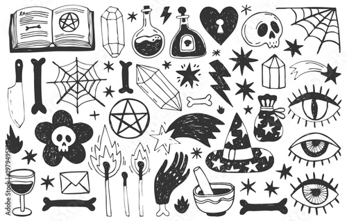Magic doodles set. Hand drawn simple illustration of witch elements, hat, crystals, eyes, matches, book, potion, skull. Halloween elements collection.