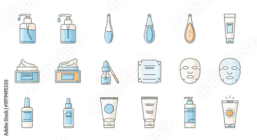 Collection of various cosmetic products icons including lotions creams and facial masks for beauty and skincare shop design.