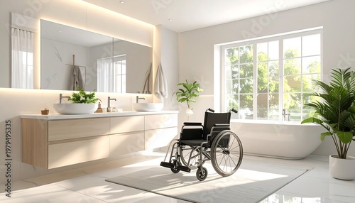 Modern Accessible Bathroom Design with Wheelchair and Natural Light.