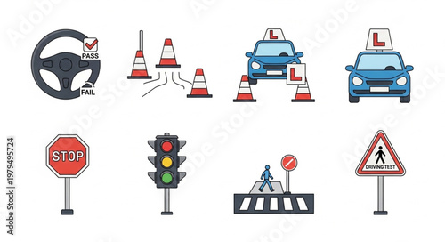 Driving School Icons Set Steering Wheel Traffic Cones Cars Stop Sign.