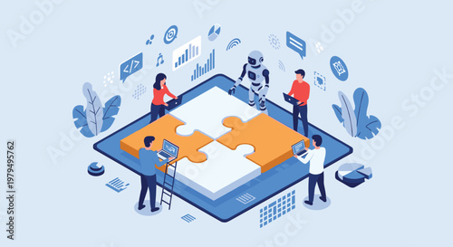 Team of people and robot working together to solve large puzzle on digital platform for artificial intelligence collaboration.