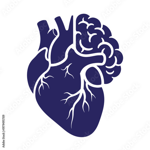 Dark blue of a human heart with a brain, merging cardiovascular and nervous system human organ anatomy