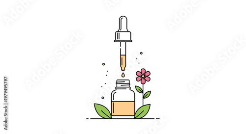 Holistic essential oil bottle with glass dropper and botanical flower elements for natural wellness and aromatherapy treatment.
