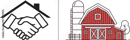 Real estate handshake icon and red farm barn illustration vector set for property and agricultural business