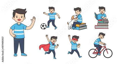 Character sheet of young boy engaged in various activities like reading sports and playing for childhood development and growth.