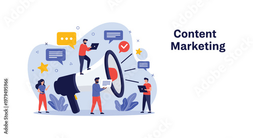 Diverse team using large megaphone for content marketing and brand promotion strategy during business advertisement project.