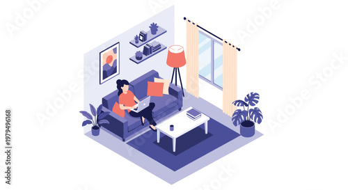 Young woman working on laptop comfortably on sofa in modern purple living room for remote work and freelance office lifestyle.