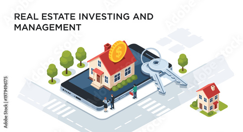Real estate investing and management concept with house on smartphone and keys for professional property business deals.