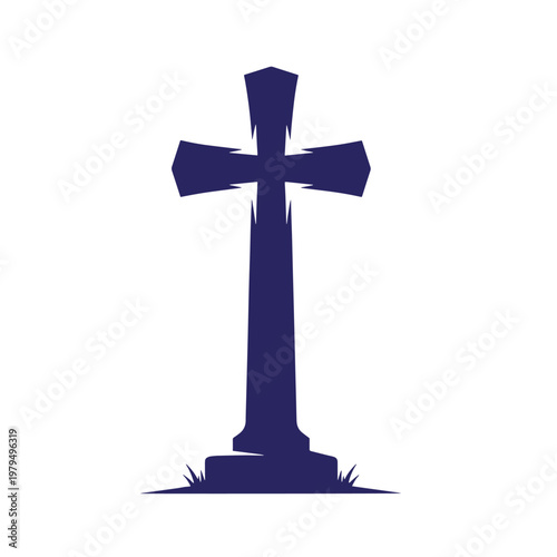 Dark blue silhouette of a christian cross headstone standing on a small grassy base, isolated on a white background, flat of a cemetery grave marker