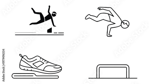 Sport icons: A set of minimalistic vector icons, encompassing parkour and street workout elements, a shoe, and a gymnastic bar. Suitable for various design uses. 
