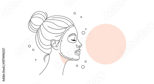 Line art profile of woman wearing cosmetic face mask for beauty treatment and skincare hydration during home spa session.