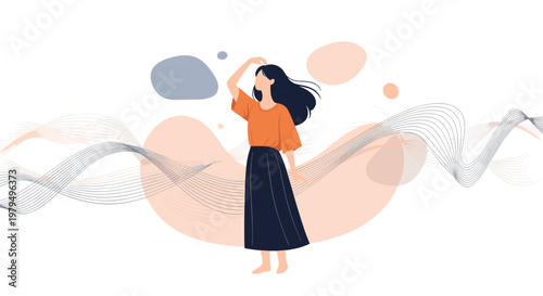 Elegant woman standing in abstract landscape with flowing wavy lines and soft shapes for fashion and lifestyle illustration.