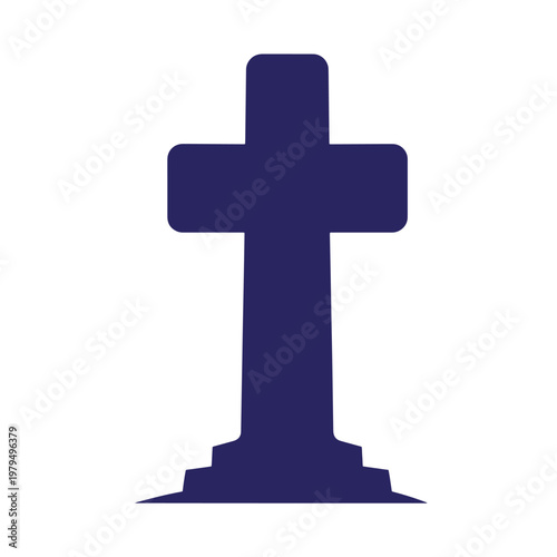 Dark blue silhouette of a christian cross standing on a stepped pedestal base, isolated on a white background, flat
