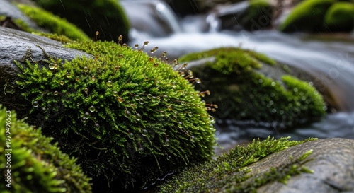 Mossy Rocks in a Flowing Stream.