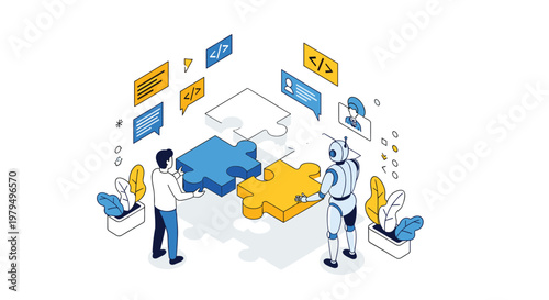 Collaborative project between human and robot assembling large glowing puzzle pieces for artificial intelligence innovation.