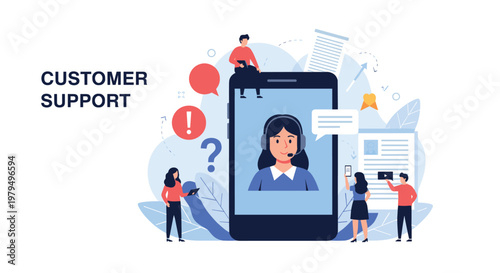 Customer support service concept with agent on smartphone screen and support team for efficient business communication help.