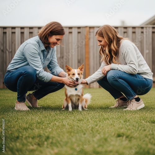 Two women petting a cute dog in the backyard.