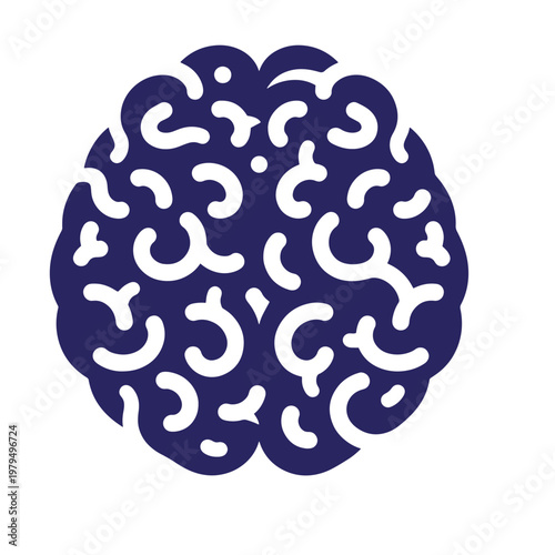 Dark blue silhouette of a human brain featuring a stylized pattern of white curved lines and rounded shapes representing neural pathways and cerebral cortex folds