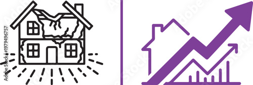 Real estate market comparison vector icon showing damaged house and rising property value graph