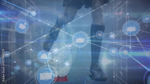 Animation of network of connections and data processing over rugby player