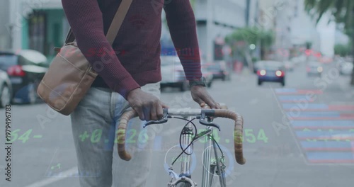 Animation of statistical data processing over african american man with bicycle walking on street