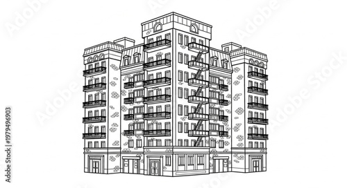 Detailed Sketch of a Grand Residential Building with Balconies.