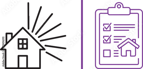 Real estate inspection and home buying process vector icons featuring house with sun rays and property checklist clipboard