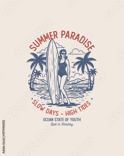 Woman with surfboard on beach summer paradise.