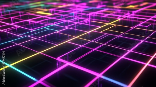 A vibrant grid of neon lines glows in the dark, creating a futuristic and technological atmosphere.