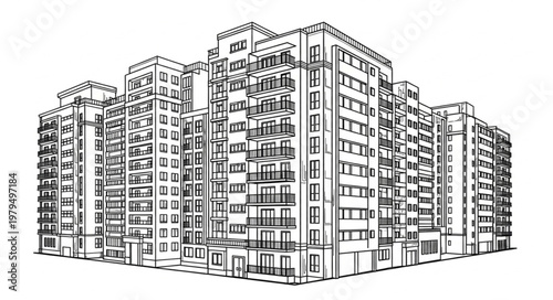 Detailed Sketch of a Modern Apartment Building Complex.
