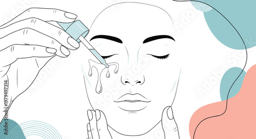 Beautiful line art of a woman having facial serum applied with a glass dropper as part of a daily skincare and beauty treatment routine.
