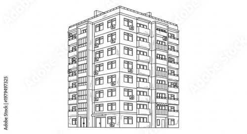 Detailed Sketch of a Tall Apartment Building Facade.
