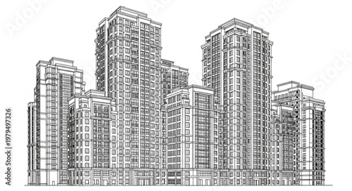 Detailed Sketch of a Modern City Skyline with Tall Buildings.