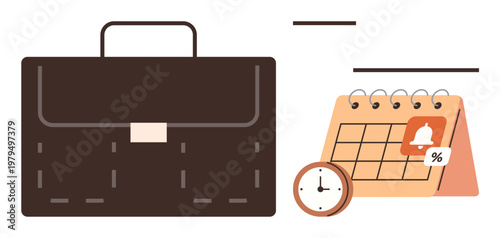 Time management, corporate planning, productivity tools, office work, schedule reminders, business deadlines. A brown briefcase, a calendar marked with a bell icon and a clock. Time management
