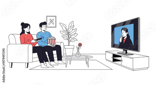 Young couple sitting comfortably on a sofa watching an interesting news broadcast or talk show on a large modern television set at home.