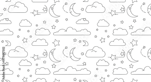 Seamless pattern design for kids featuring cute crescent moons, white clouds, and twinkling stars on a clean white background for sleep.