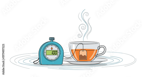 Steaming cup of tea with a tea bag inside placed next to a blue kitchen timer to ensure the perfect brewing time for a relaxing break.