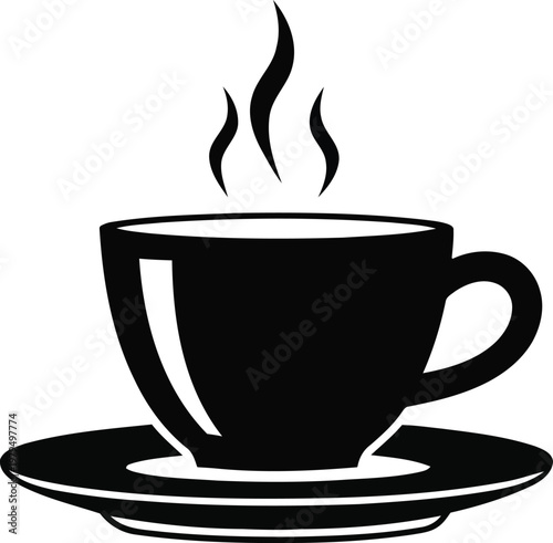 A simple black and white illustration of a steaming hot cup of coffee on a saucer evoking warmth