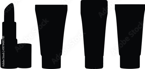 Silhouettes of black cosmetic products lipstick mascara and various tubes on a white background
