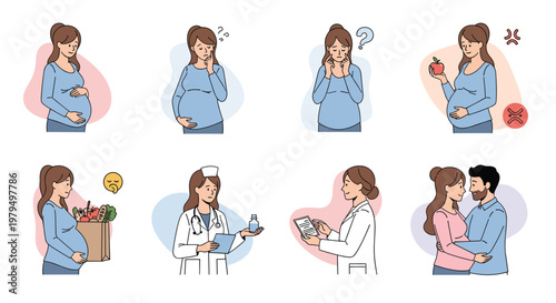 Collection of scenes showing a pregnant woman during various stages of her journey including doctor checkups, diet, and partner support.