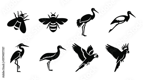A collection of black silhouettes depicting various insects and birds including bees cranes and a parrot high quality professional detailed modern