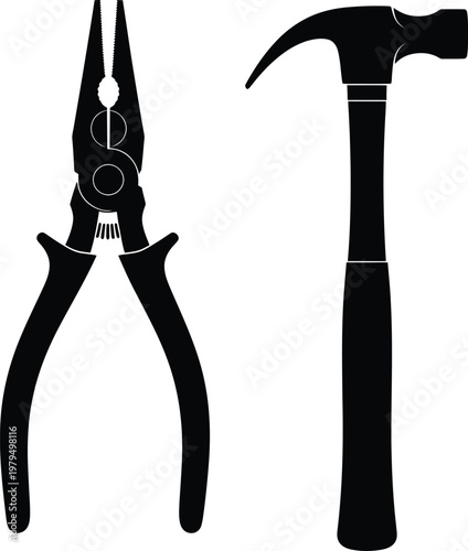 Silhouetted hand tools a pair of pliers and a claw hammer on a white background