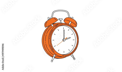 Minimal line art orange alarm clock vector classic analog timepiece isolated on white background