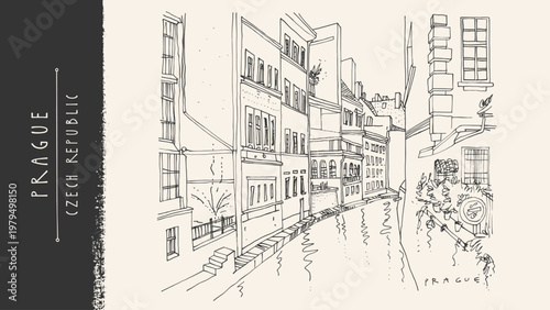 Prague, Czech Republic. Kampa Island and Certovka canal sketch postcard. European cityscape. Historic houses, waterway bg. Old house reflections. Vintage vector hand drawn travel postcard illustration