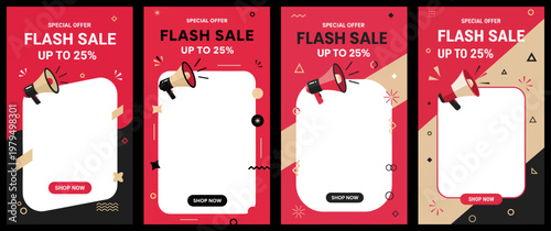 Four colorful flash sale posters with smartphone mockups are displayed on a wall.