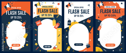 Four colorful flash sale banners with vibrant designs and discounts are displayed side by side on a dark background for marketing purposes.